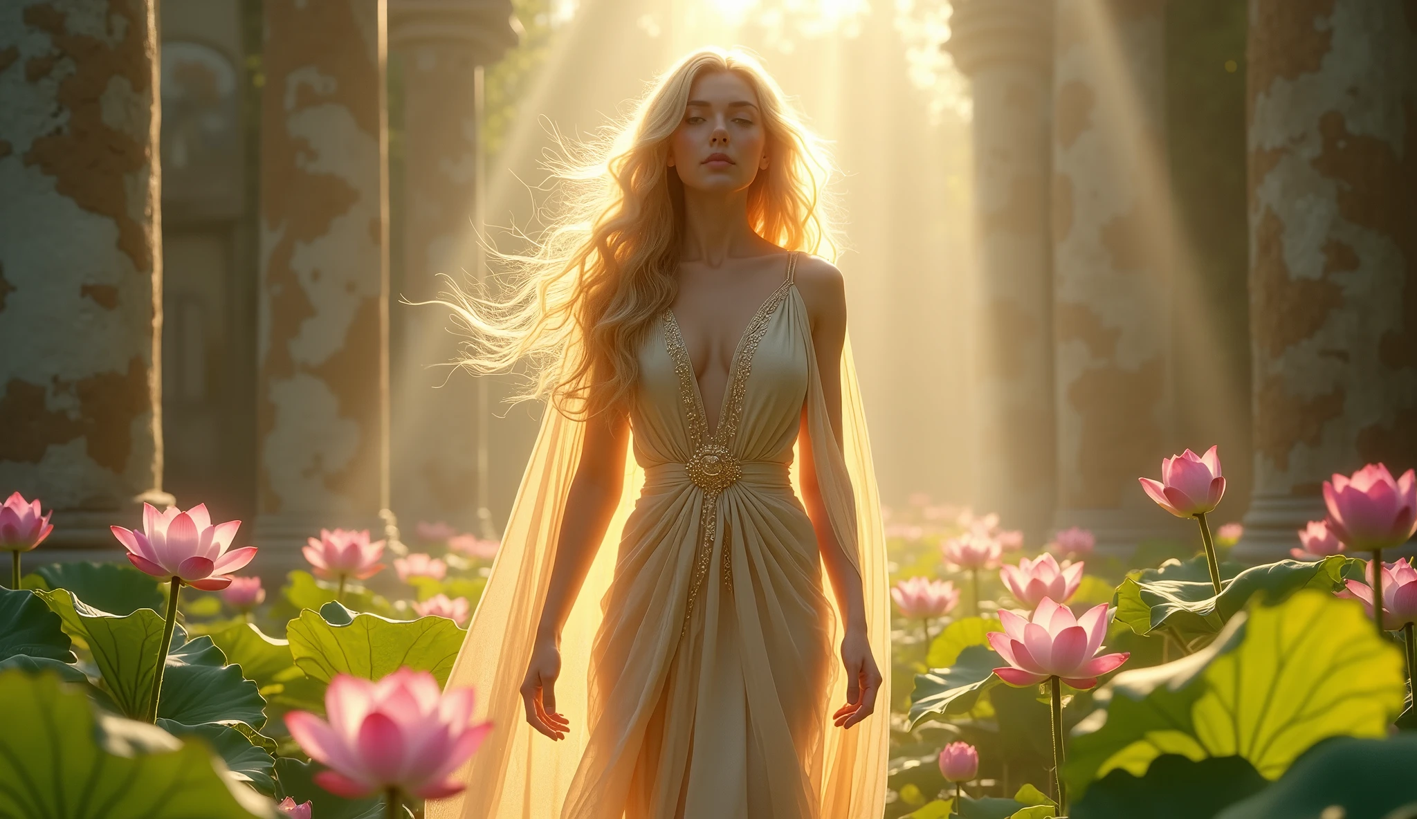 Setting: An ancient, sunlit temple ruins where a divine goddess awakens amidst a sea of blooming lotus flowers.
Description: The goddess has flowing, golden hair and is adorned with a revealing, shimmering gown made of ethereal fabric. Her skin glows with a soft, celestial light. She stands gracefully among ancient stone columns and lush lotus flowers that are gently illuminated by the morning sun. Delicate rays of light filter through the crumbling temple, creating a peaceful and mystical ambiance. Her presence radiates serenity and divine beauty, enhancing the tranquil atmosphere. Aim for realistic depiction, make sure photos are at highest resolution (8K)