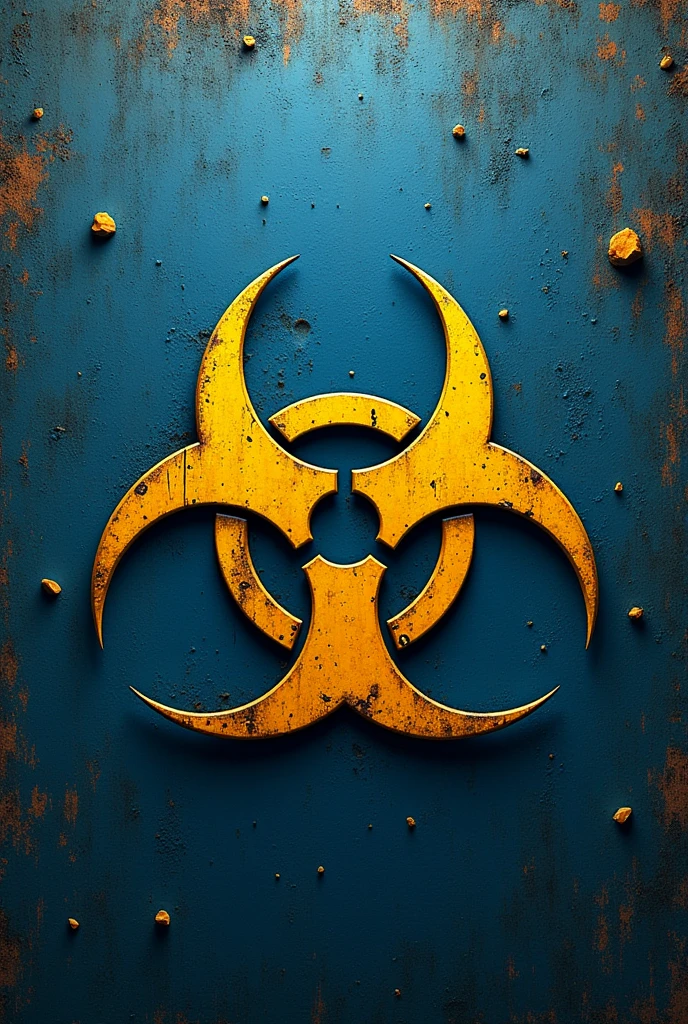 crea un logo con este símbolo☣️ azul y amarillo
con estilo deteriorado, apocalyptic