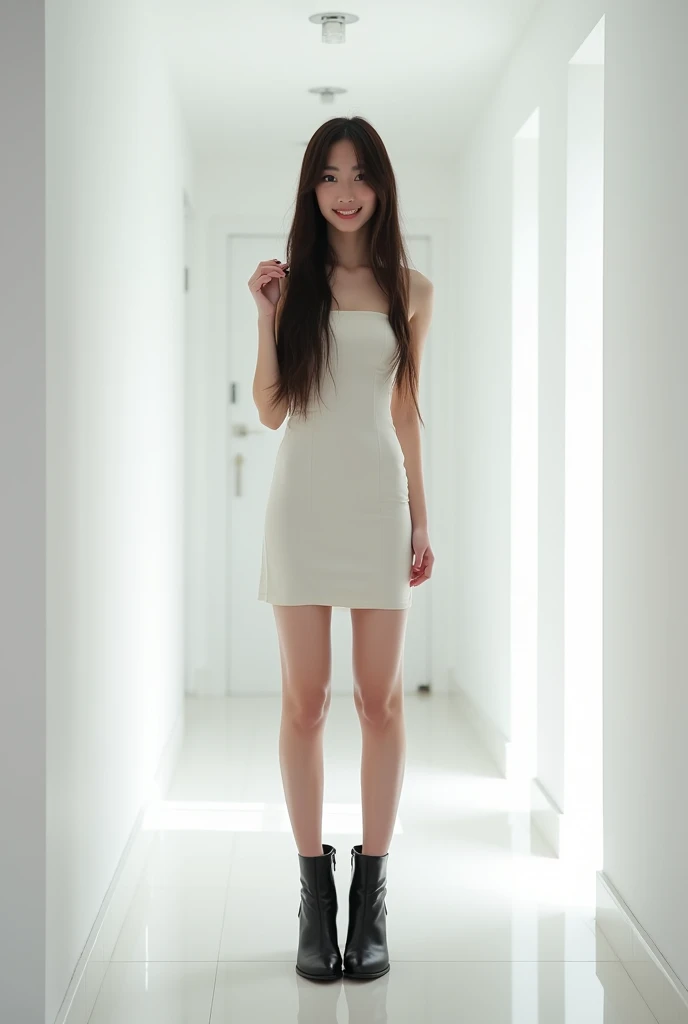 brunette, long hair, smile, flat chest, skinny face, white wall, no decoration, short dress, looking at camera smiling, standing in white hallway, photo from behind, wearing high heel boots