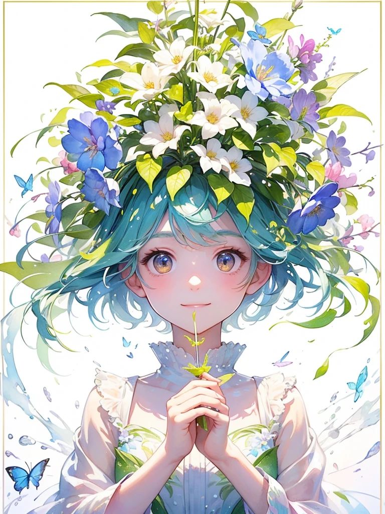 (masterpiece、highest quality、highest quality、Beautiful and beautiful:1.2)、Good anatomy、（Watercolor 1.5）、Composition looking up from a low position、Long Shot、Drawing of a girl with straight short hair、Beautiful smile、Butterfly Fairy Costume、pure white、pure、Charm、looking at the camera、Flowers and leaveint Green Wind、Botanical Art
