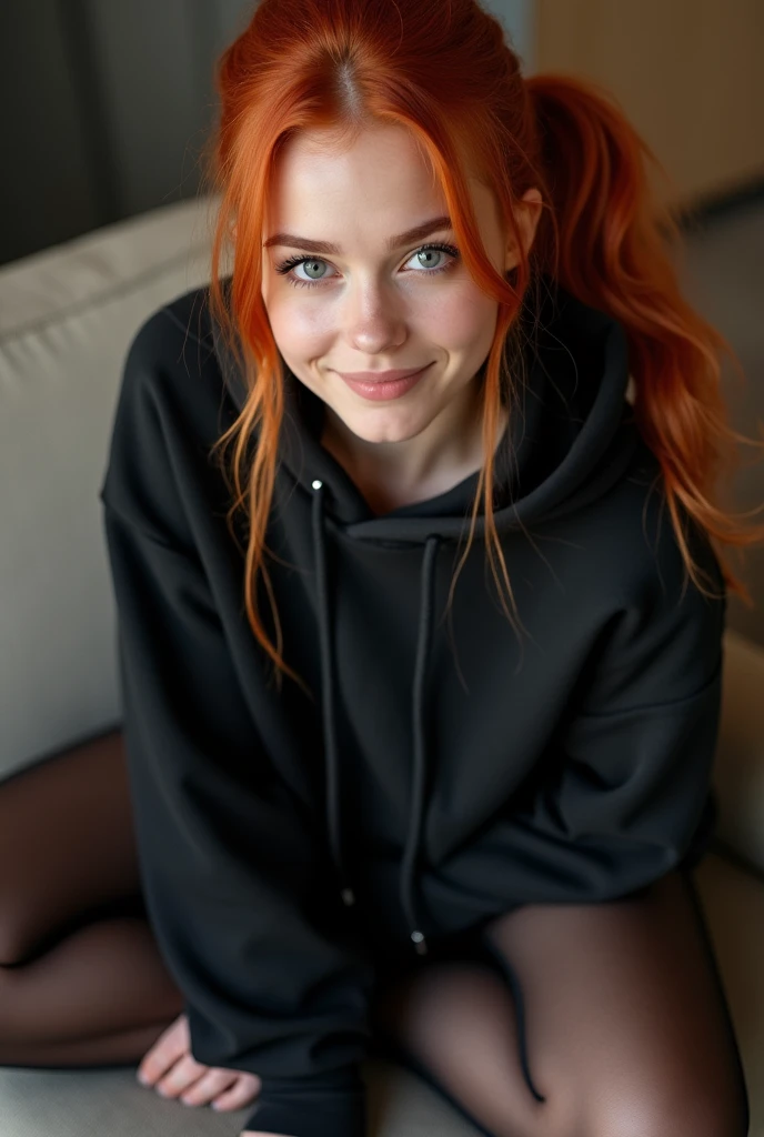 fake red hair、pulled back ponytail、teaing smile、 she wears a black hoodie.、black pantyhose、adult german woman、blue eyes、showing her black pantyhose、lying on a couch、young german woman、wide angle、 she has blue eyes.、