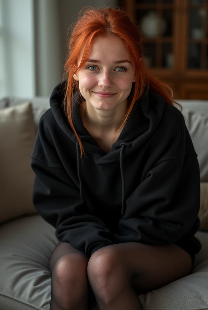 fake red hair、pulled back ponytail、teaing smile、 she wears a black hoodie.、black pantyhose、adult german woman、blue eyes、showing her black pantyhose、lying on a couch、young german woman、wide angle、 she has blue eyes.、