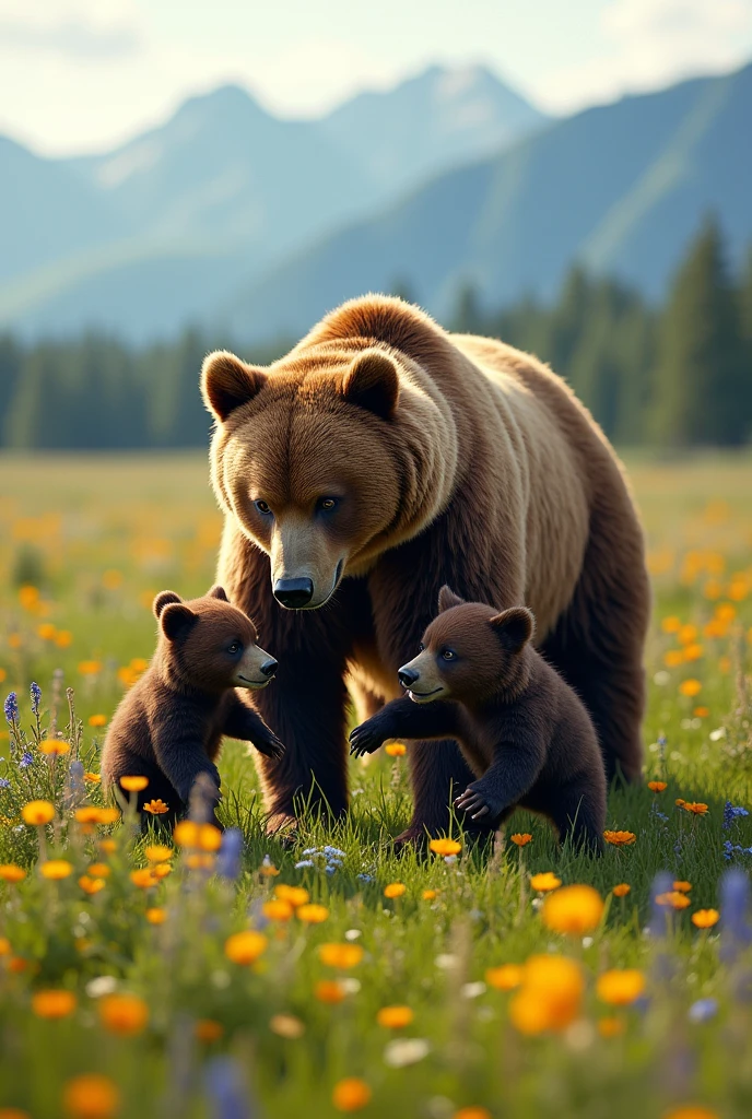 (brown bear), A mother brown bear plays with her cubs on the grass, and the cubs playfully imitate their mother's every move. The surrounding grassland is covered with wildflowers, and in the distance, there are continuous mountain ranges. The colors are mainly the green of grassland and the colorful wildflowers, with direct sunlight as the main light and shadow. The details are reflected in the gentle gaze of the mother brown bear and the lively and lovely behavior of the cubs. Beautiful cinematic lighting, surreal, color graded, dynamic movement, captivating chiaroscuro, full body, award-winning, cinematic still, emotional, vignette, dynamic, vivid, (masterpiece, best quality, photorealistic, Professional, perfect composition, very aesthetic, absurdres, ultra-detailed, intricate details:1.3)