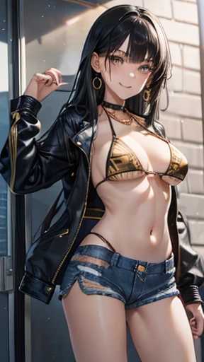 Honor student,Beautiful black hair,long hair,(Straight Hair),high school girl,(boyish),Dark Eyes,Muscular,tall,(Slim body),((A confident smile)),Medium Bust,Biker Jacket,(Patterned bikini:1.3),(High cut denim shorts:1.4),Gold bracelet,Gold earrings,Gold Necklace