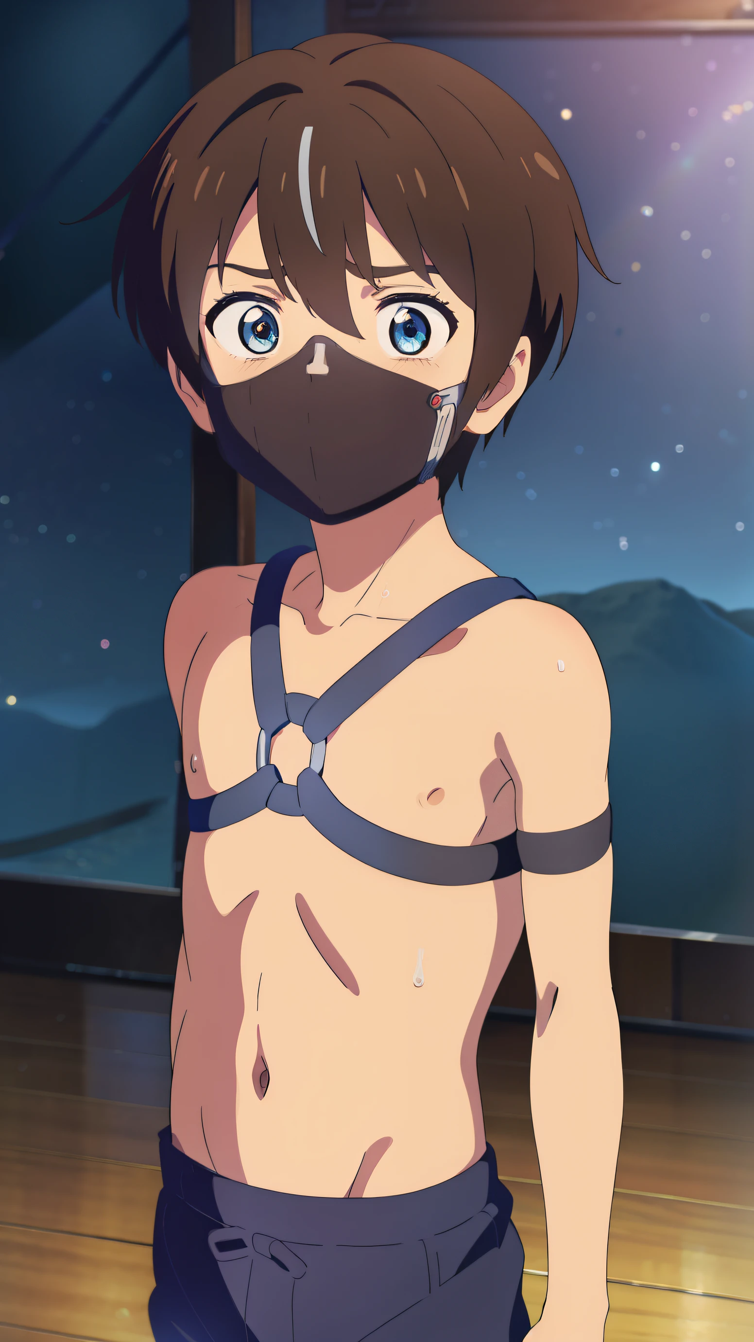 Highres, Masterpiece, Best quality at best,Best Quality,hight quality, hight detailed, Anime style, 1boy, Shota, young boy, shinkai makoto, kimi no na wa, Taki, hair between eyes,brown hair, blue eye, slim body, Shirtless, bare chest, Gag harness, Muzzle, gagged, look at viewer, from the front, (very young boy), (very small and short body), simple beckground, cute boy, Uhd, bokeh, sweat