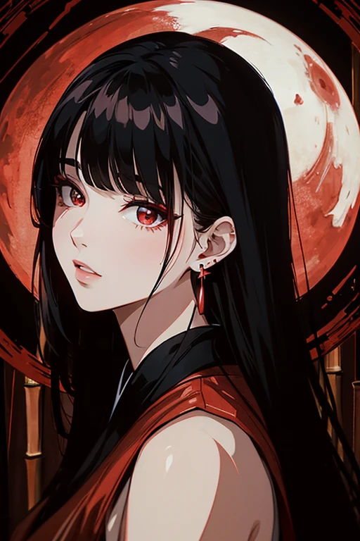 masterpiece, best quality, official art, 8k wallpaper, highly detailed, illustration,Dynamic ink painting of the Japanese bamboo forest, great art, great depth, ground photography, the world's most beautiful bamboo forest, a woman under the red moon (high-quality make-up glamorous earrings with red eyes),Fingers on the lips, It's raining in a very high-quality painting, and the high-quality raindrops are visible