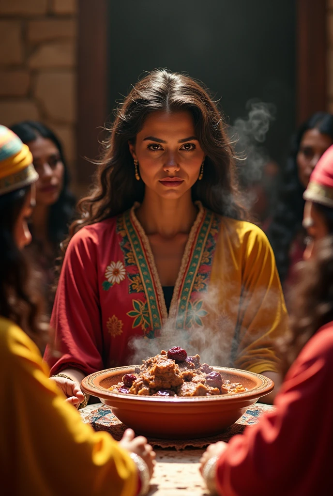 Strong woman with. A group of people wearing traditional Moroccan clothes eat a real tajine with prunes, just like in real life.