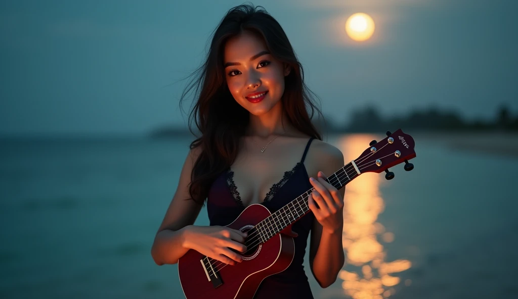 8K, ultra-realistic, hyper-realistic, photorealistic, masterpiece, ultra-detailed, natural lighting, HDR, professional rendering, sharp focus, true-to-life colors, textured surfaces: Create an image of a single, confident 2 Filipina woman with an hourglass body shape, slightly curvy, standing at 5'4". She has fair skin, long and thick hair, and a small heart-shaped face with subtle cheekbones and a rounded chin. Her nose is delicate, pointy, and . She is standing still on a seashore with the moonlight shining on the water, creating a shimmering reflection. She is wearing a slutty and alluring evening dress that hugs her curves, with a deep neckline, high slit, or sheer details to enhance the seductive look. The dress is in a rich, captivating color, such as deep burgundy, royal blue, or emerald green. The camera captures a close-up shot of her, smiling warmly and facing directly at the camera, while playing a ukulele. One arm is holding the ukulele and strumming it gently, and her other hand might be resting on her hip or adjusting her dress. Her expression is relaxed, confident, and inviting, with a radiant smile. The moonlight casts a gentle glow on the scene, adding a romantic and serene ambiance to the tranquil seashore setting.