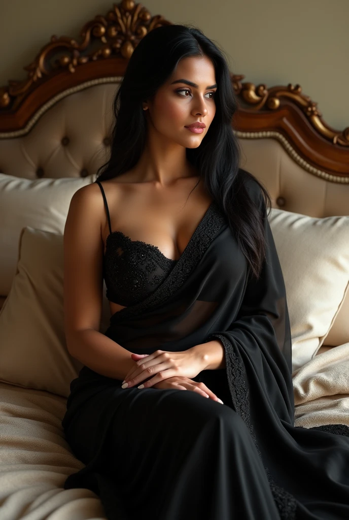 (photorealism:1.2), beautiful Indian woman, sitting on bed,black saree , straight hair ,relaxed pose,big boobs 