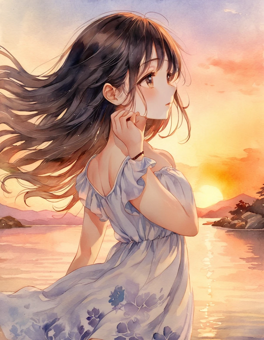 young woman in light summer dress sunset glow , warm evening light end of summer atomosphere , soft breeze , nostalgic mood , golden hour , high quality detailed The gesture of gently brushing back hair The neck feels cool Looking up at the sky at dusk Watercolor art that evokes the changing of the seasons It has a bit of the feel of a carefully layered ink painting. Elegant and sexy Late summer Japan Soft ink lines portfolio
