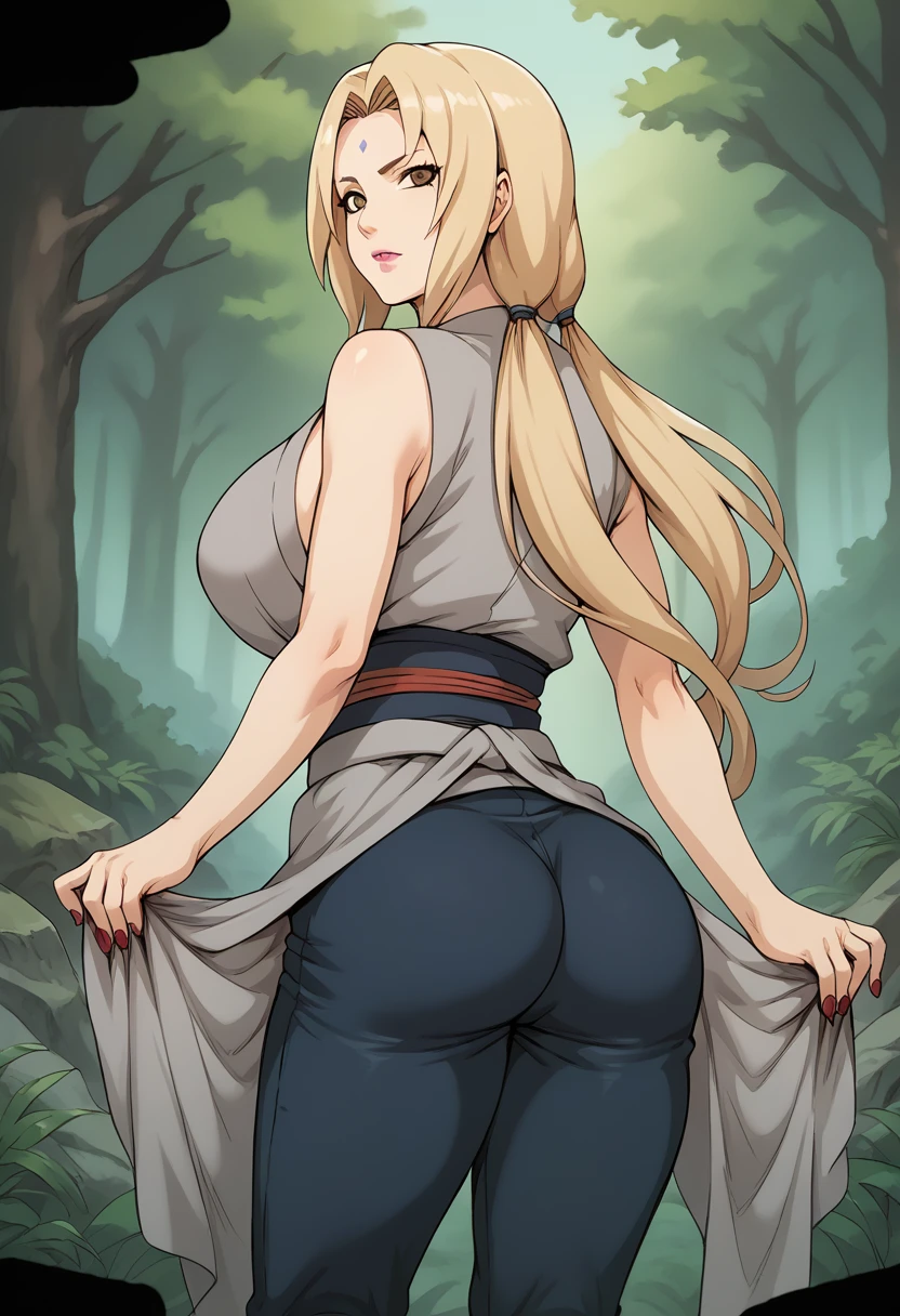 score_9, score_8_up, score_7_up, BREAK, score_9, tsunade, tsunade's Default Dressing \(clothes\), blonde hair, long hair, low twintails, hair tie, brown eyes, forehead mark, pink lipstick, mature female, large breasts, red nails, grey kimono, sleeveless kimono, collarbone, blue obi, blue pants, looking at viewer, cowboy shot, ass, from behind, forest