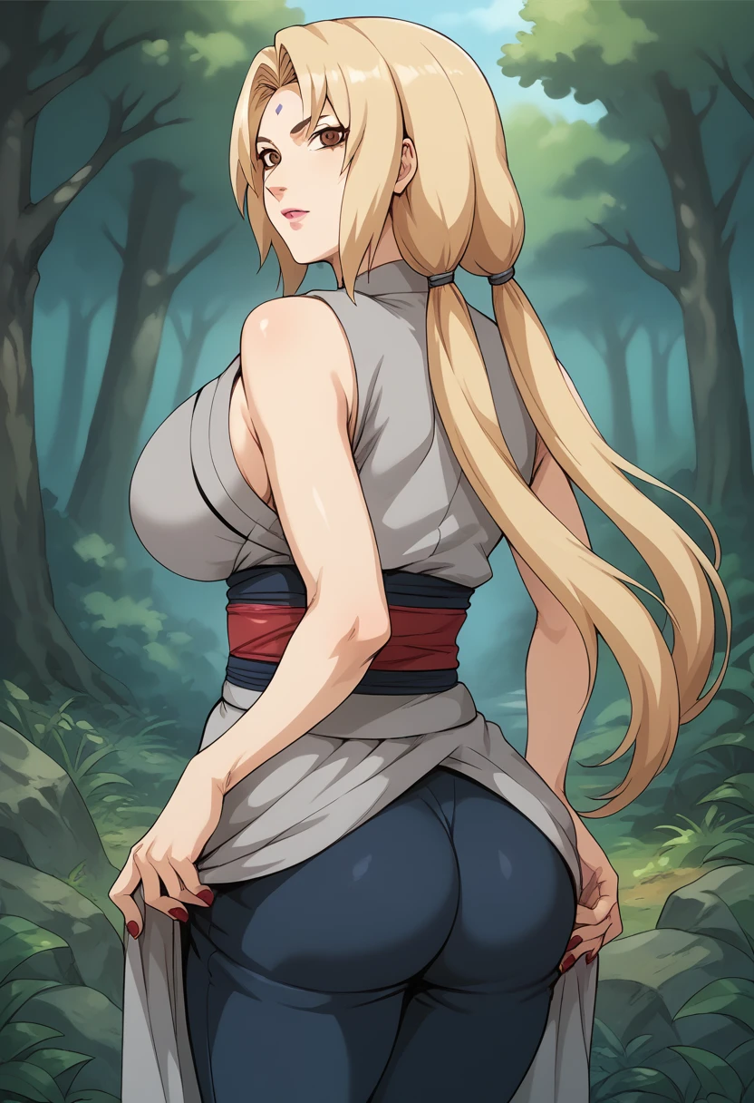 score_9, score_8_up, score_7_up, BREAK, score_9, tsunade, tsunade's Default Dressing \(clothes\), blonde hair, long hair, low twintails, hair tie, brown eyes, forehead mark, pink lipstick, mature female, large breasts, red nails, grey kimono, sleeveless kimono, collarbone, blue obi, blue pants, looking at viewer, cowboy shot, ass, from behind, forest