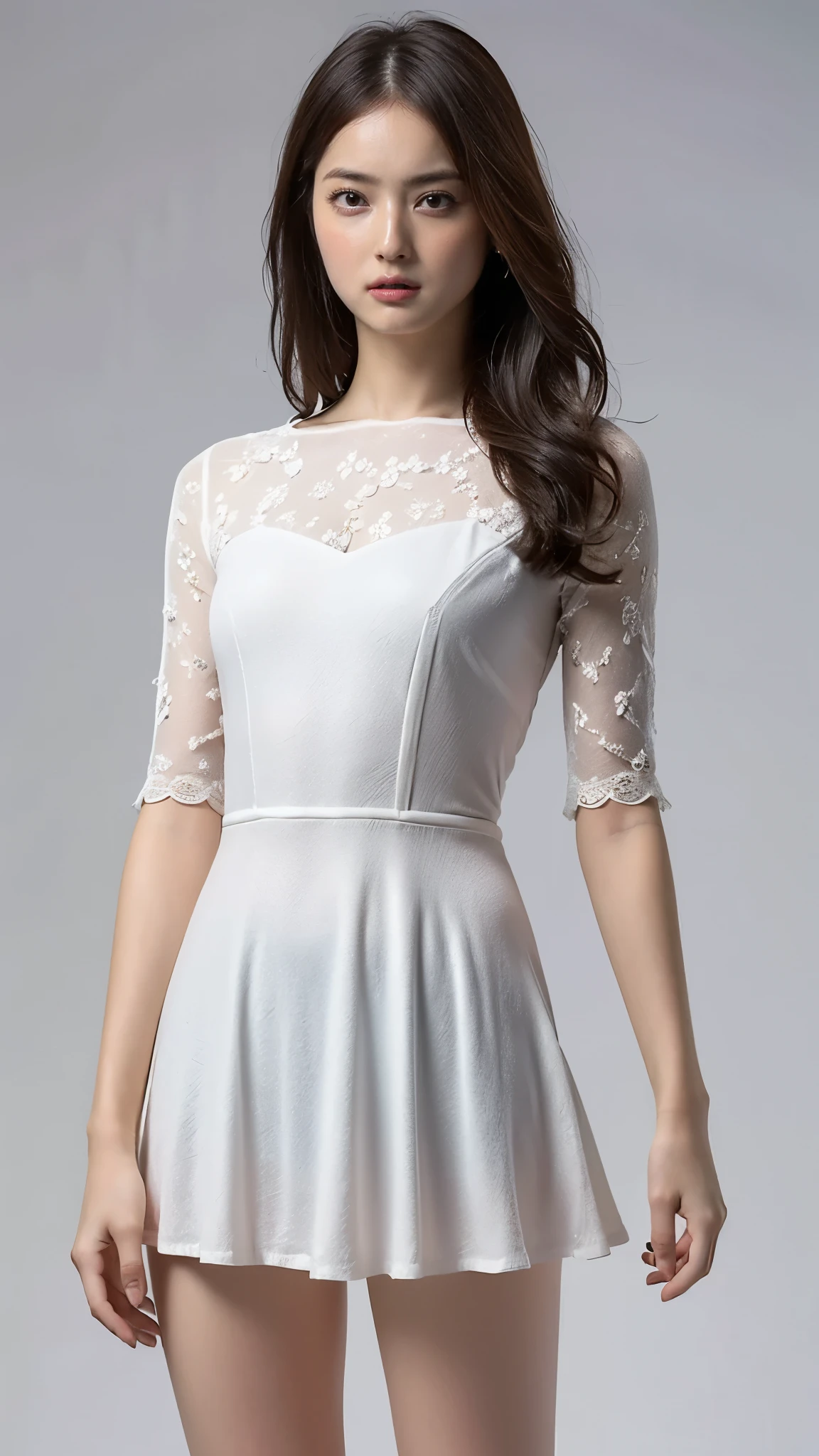 Highest quality,masterpiece,Ultra-high resolution,(Actual:1.4),Original photo,Ultra-high resolution,8K,There are also women,Fair skin、Transparent short-sleeved one-piece white dress ,long length skirts.
Long legs:1.5,Bright and beautiful,high waist,Flashy makeup,Gray background,