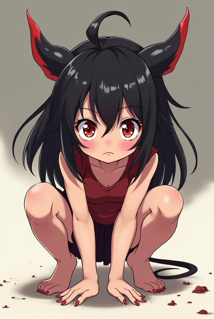 Shinomiya Kaguya, Shinomiyakaguya, Red eyes, small breasts, list brook, black fur, Red eyes, naked, saliva, drooling, sweat, suggestive pose, collar for cats, hand near mouth, SMILE , whole body, crouched, legs open, M-shaped legs, thigh high stockings, black heels, excited