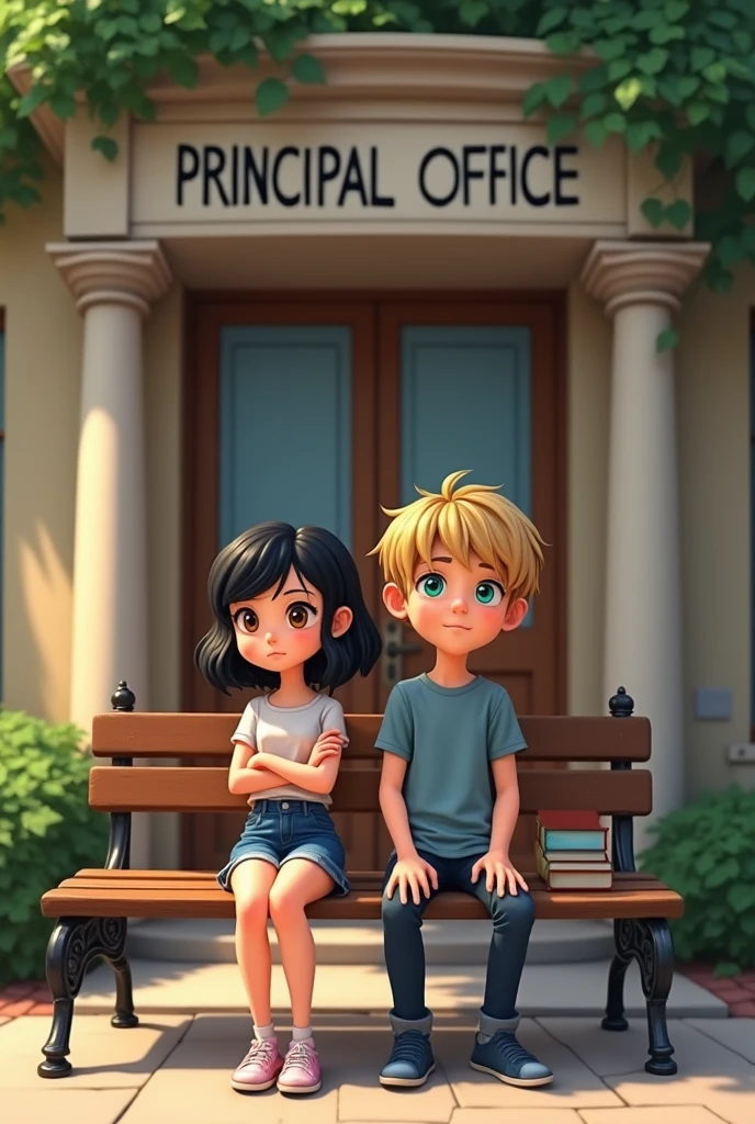 A girl with black hair, Dora bangs légèrement frisé and brown eyes sits on a bench in front of a principal's office with a blond boy, turquoise eyes. They are universitaire. And they are not très proche. VERSION LIKE IN PIXAR BUT IN 2D !! 2D!!