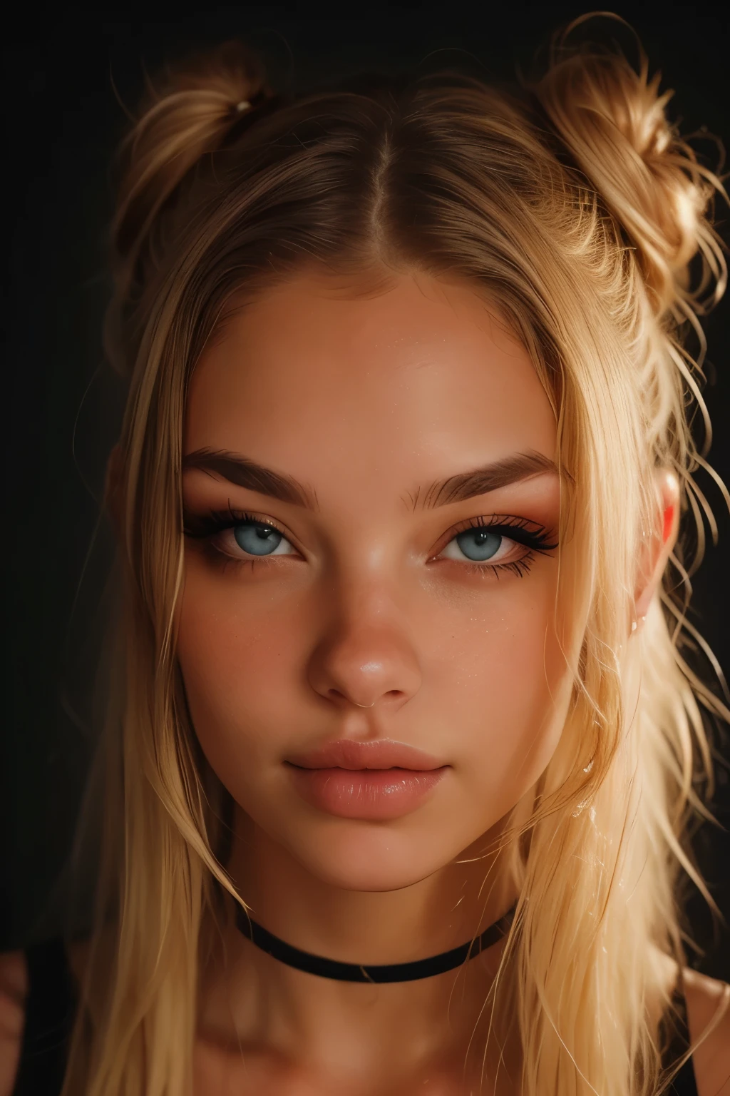 high resolution eye contact of blonde woman with bun hair and dark theme