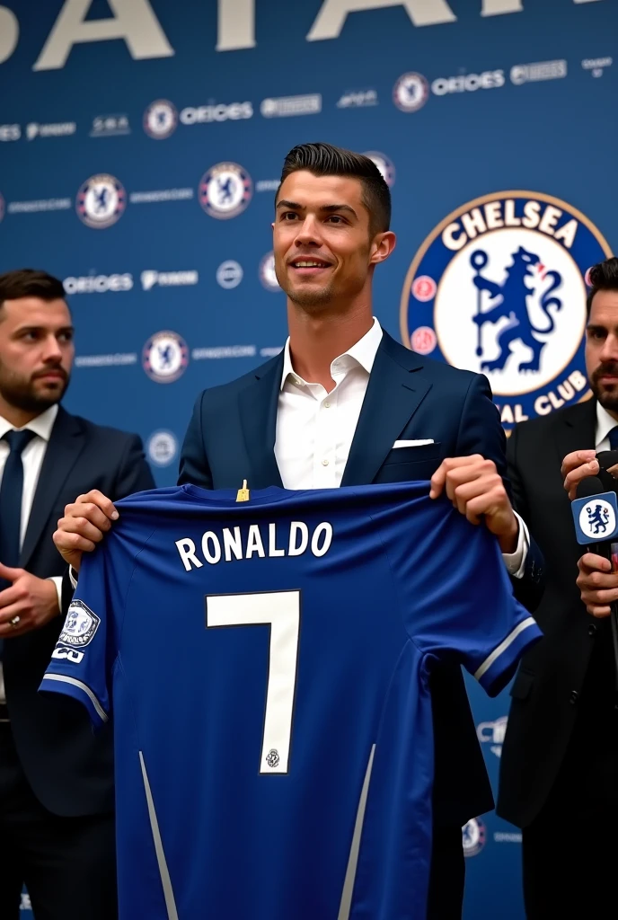 Ronaldo signing for Chelsea at the press conference posing with his shirt