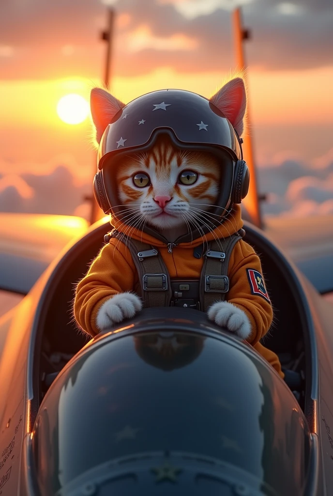 kitten in jet pilot custom sitting in cockpit of fighter jet f15 and steering the plane high in the sky during sun set 