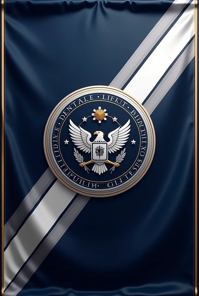 flag:
Flag Design Description:
Overall Shape: The flag is rectangular, with proportions of 3:2, ensuring that it’s visually balanced and suitable for both large displays and smaller representations.
Background Colors: The flag features a deep navy blue background, symbolizing stability and trust. A bold diagonal stripe runs from the top left to the bottom right, in a gradient from metallic silver to platinum, representing progress and cutting-edge technology.
Borders: The flag is bordered by a double trim. The inner border is a rich gold, symbolizing wealth and prosperity, while the outer border is a thin black line, adding a touch of formality and sophistication.
Corporate Emblem Placement: At the center of the flag is the corporate emblem. It is encased within an intricate circular frame, designed in gold and silver intertwining leaves and gears, symbolizing the fusion of nature and industry, growth, and precision.
Corporate Emblem Design:
Central Symbol: At the heart of the emblem is a stylized shield, divided into four quadrants:
Top Left Quadrant: A powerful eagle with its wings spread wide, symbolizing strength and vision.
Top Right Quadrant: An intricate gear and hammer crossed, representing industrial prowess and hard work.
Bottom Left Quadrant: A world globe with a digital grid overlay, symbolizing global reach and technological advancement.
Bottom Right Quadrant: A laurel wreath encircling a torch, signifying victory, honor, and enlightenment.
Surrounding Elements: Encircling the shield are twelve stars, each representing the core values of the corporation, evenly spaced within the circular frame.
Motto Banner: Below the emblem, a flowing banner in platinum color displays the company’s motto in an elegant serif font. The text is in black, providing a sharp contrast and ensuring legibility.
Additional Details: Subtle, ornate filigree patterns in silver weave through the background behind the emblem, adding depth and texture to the design without ove