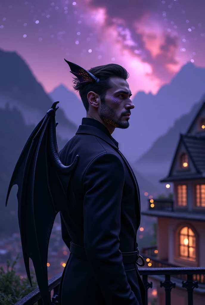 A picture of an extremely handsome man, with purple eyes, full lips, masculine, big, marked jaw, con orejas puntiagudas y alas de murciélagos bigs, black dress, On a balcony, purple night, star showers and a background similar to the mountains of Switzerland, glowing home light, with sparkles on the face