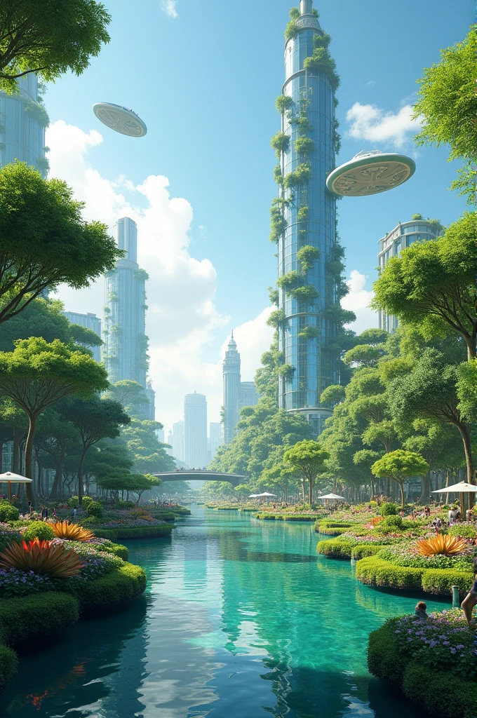 A utopian landscape, Lush and futuristic with imposing and elegant skyscrapers made of glass and vegetation. Floating vehicles glide through the air, while people enjoy vibrant parks filled with diverse flora. A river of crystal-clear waters runs through the city, reflecting the harmonious combination of nature and advanced technology under a bright and clear sky.