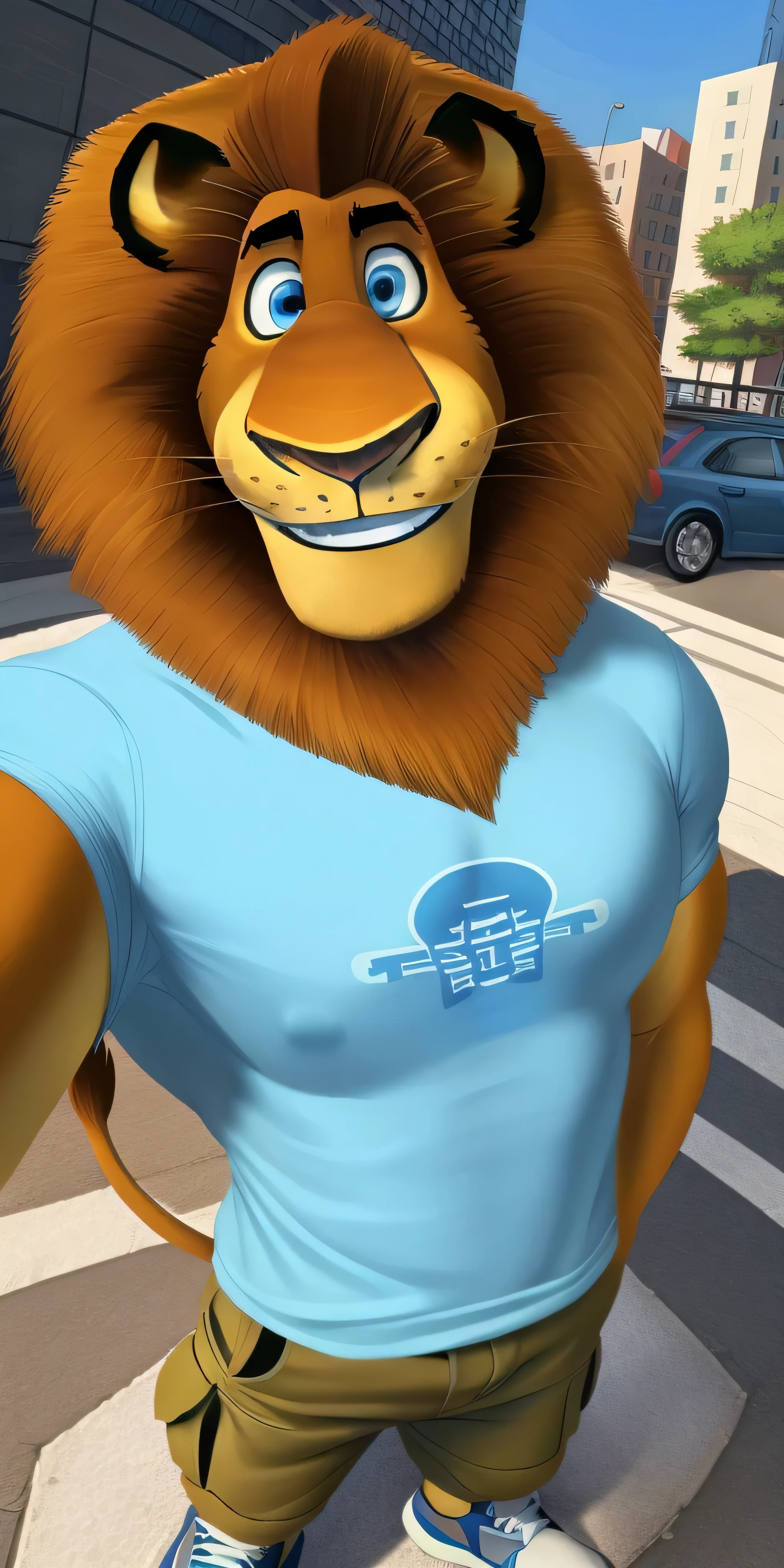 Alex the Lion, muscular body, big biceps, extremely beautiful and cute face, wears green t-shirt, blue cargo shorts, white sneakers, streets background, selfie, friendly look, smiling, hot