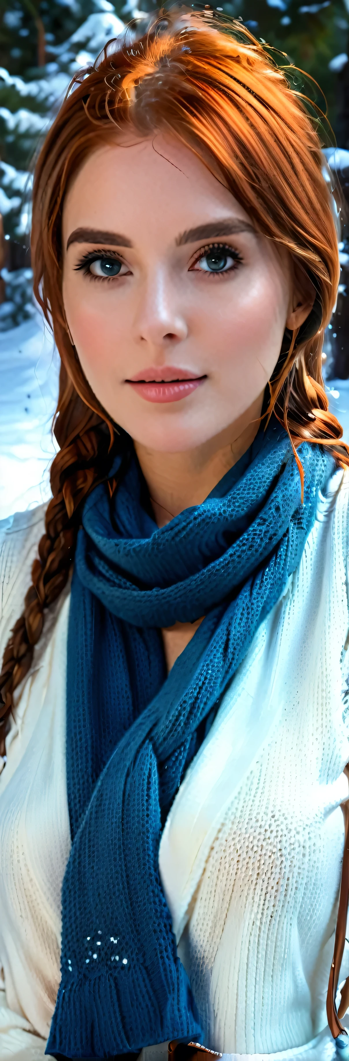 (best quality,4k,8k,highres,masterpiece:1.2),ultra-detailed,(realistic,photorealistic,photo-realistic:1.37),red head girl,winter wonderland,beautiful detailed eyes,beautiful detailed lips,long eyelashes, Snow-covered pine trees, cozy knitted scarf and hat, snowflakes falling gently, rosy cheeks, warm breath in the cold air, soft snow under her boots, vibrant winter colors, sunlight reflecting off the snow, serene expression, trendy fashion, magical atmosphere, trending on SeaArt-site. SFW:2