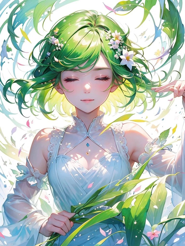 (masterpiece、Highest quality、Highest quality、Beautiful and beautiful:1.2)、Excellent anatomy、(Watercolor painting 1.5)、Long Shot、Straight short hair picture、Trendy Hair Color, Beautiful Face、I close my eyes and pray, Fairy, 蝶のFairyのコスチューム、Pure white、Pure、charm, Colorful flowers of various colors, Flowers and leaves green wind、Botanical Art, Mr.々A pose