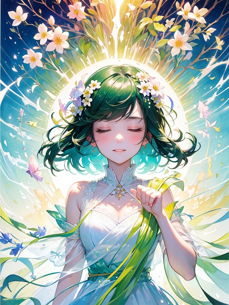 (masterpiece、Highest quality、Highest quality、Beautiful and beautiful:1.2)、Excellent anatomy、(Watercolor painting 1.5)、Long Shot、Straight short hair picture、Trendy Hair Color, Beautiful Face、I close my eyes and pray, Fairy, 蝶のFairyのコスチューム、Pure white、Pure、charm, Colorful flowers of various colors, Flowers and leaves green wind、Botanical Art, Mr.々A pose