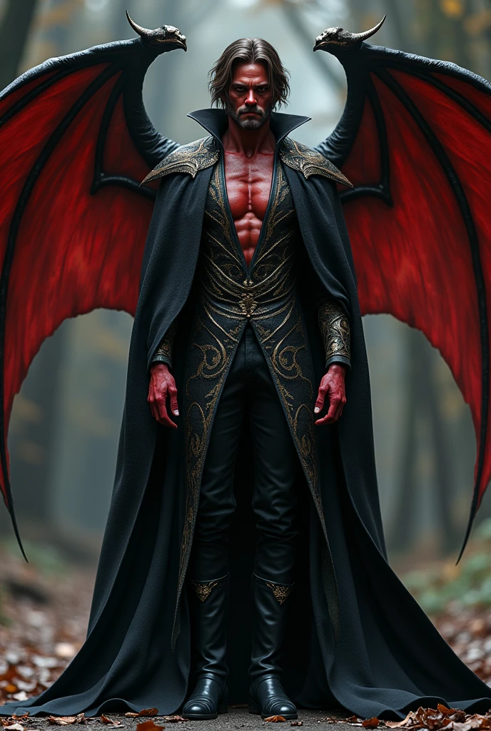 masterpiece, realistic, photographic, 1boy, a sexy young Roman Catholic priest turning into a hot male demon with red skin, black hair, glowing red eyes, long black claws on his fingers and large horns as well as a massive demonic wingspan, he is wearing a black loincloth, bursting out of his ripped and torn priestly robes showing his muscular pecs, abs, biceps, shoulders and perky nipples.  A seductive expression on his face, he is surrounded by glowing human skulls, stained glass windows inside the interior of a gothic church background