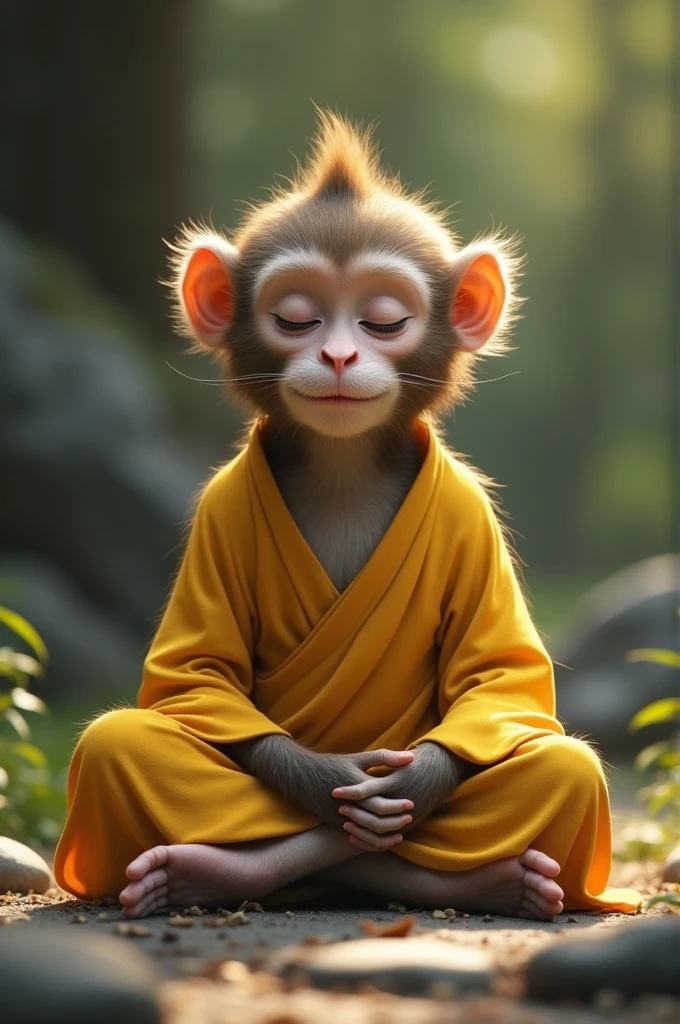 Young monkey meditate look like monk yellow shirt 