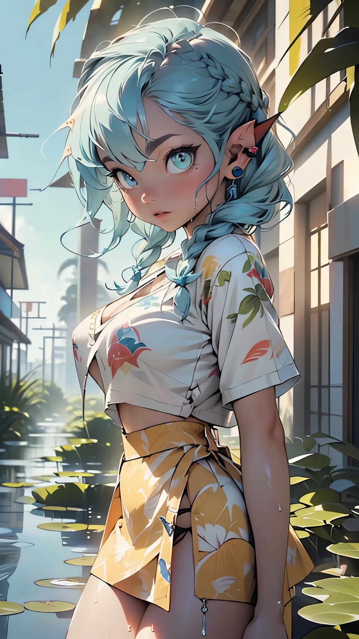 alien girl,(((1girl))),((beautiful alien girl)),
alien fish girl,(huge eyes:1.5),(((ear fins:1.5))),(((scaly skin:1.5))),((monster_girl)),
(light blue hair:1.5), long hair, (((braids hair:1.5))),
(glowing eyes),((heterochromia:1.5, (green_eye and blue_eye))), (((black sclera:1.5))),symmetrical eyes,(large breasts:1.4),saggy breasts,((colored inner hair,)),((fat)),(((lustrous skin:1.5,bright skin: 1.5,skin tanned,shiny skin,very shiny skin,shiny body,plastic glitter skin,exaggerated shiny skin,illuminated skin,wet legs))),(spider lower abdomen,narrow waist,wide hip,athletic body,inflated legs, thick thighs,detailed body,(detailed face)),
cute,slutty,seductive,erotic,((nsfw)),
zettai ryouiki,revealing clothing,show skin,((wearing underwater scale shirt with an yellow print,scale mini-skirt,visible thong straps)),((underpants strap)),(wearing a underwater scale outfit:1.3,underwater atlantis clothes,semi-naked,with little clothing),(((wet clothes,intricate outfit,intricate clothes))),
(dynamic pose:1.0),solo focus,embarrassed,(centered,scale to fit dimensions,Rule of thirds),
outdoors, ocean, (ocean in the background), scenery, extremely scenery, (puddles everywhere, moss, moss on the bottom), clouds, water lilies, palm trees, reeds, (sunset, golden hour),(egyptian palace background,pyramids in the background),
(Glossy atlantis ornaments),highres,sharp focus,(ultra detailed,extremely detailed),(photorealistic artwork:1.37),(extremely detailed CG unity 8k wallpaper),(((vibrant colors,vibrant theme))),(intricate),(masterpiece),(best quality),artistic photography,(photography taken by sldr),(intricate background),perfect rendered face,perfect face details,realistic face,photo realistic,((intricate detail)),(((realism))),