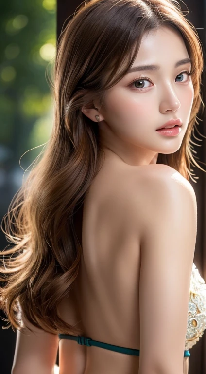 ((Best quality, 8k, Masterpiece :1.3)), 1girl, Pretty woman with emphasizing, light brown hair, large breasts, (back light :1.2), Ultra-detailed face, Detailed eyes, Double eyelid, bell shape breast, sexy pose
