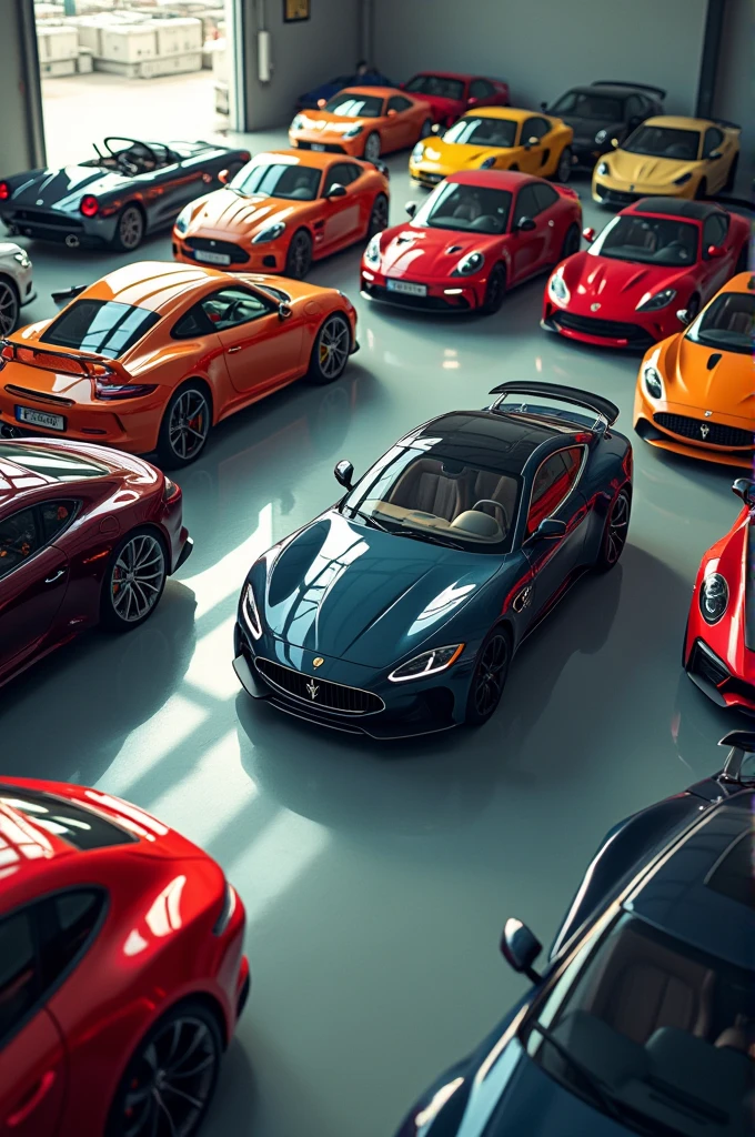 I need an image of several luxury cars and a popular car among them. The image needs to be realistic and the popular car has to be a simple car. The image needs to be wide so that all the cars appear and all the cars. The popular car of a different brand much cheaper