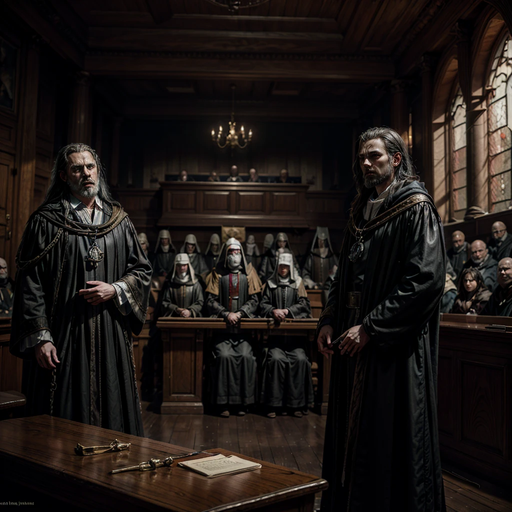 A grim courtroom scene during the Inquisition.