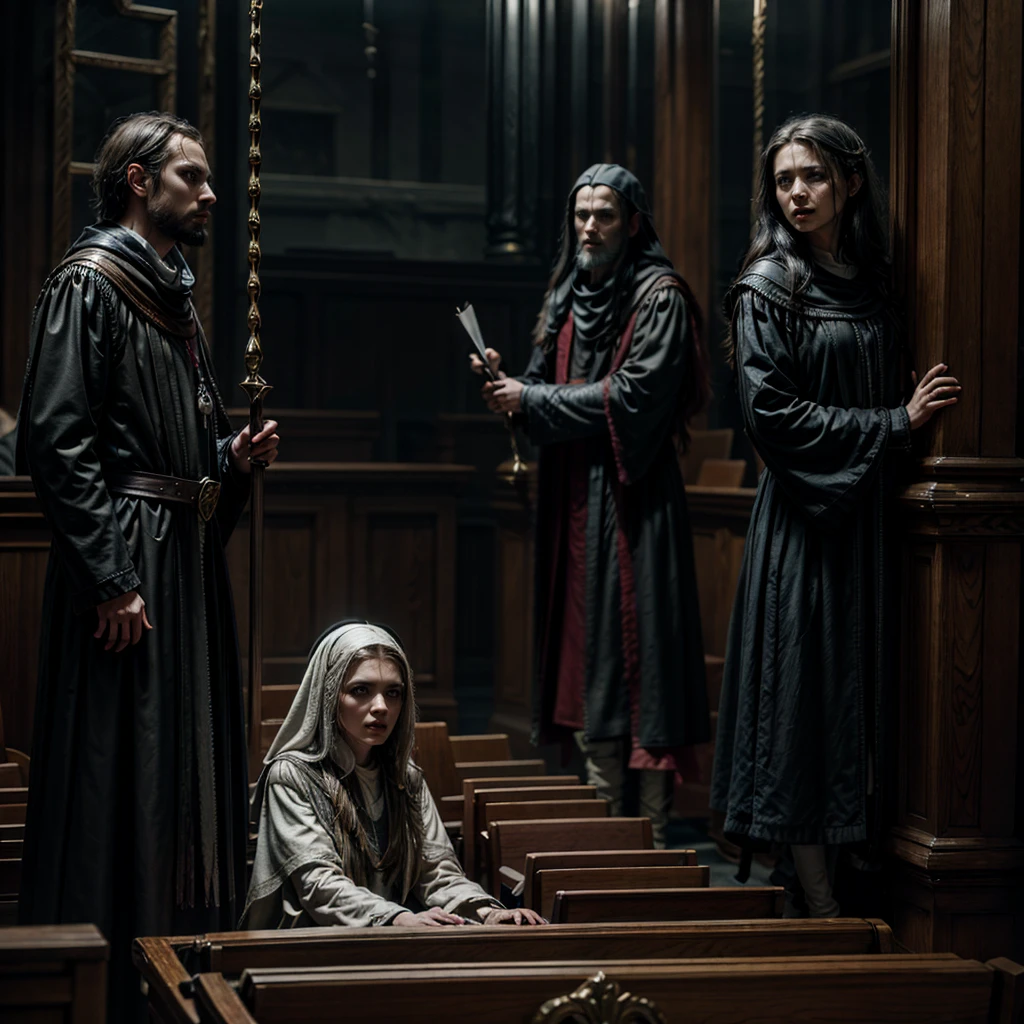 A grim courtroom scene during the Inquisition.