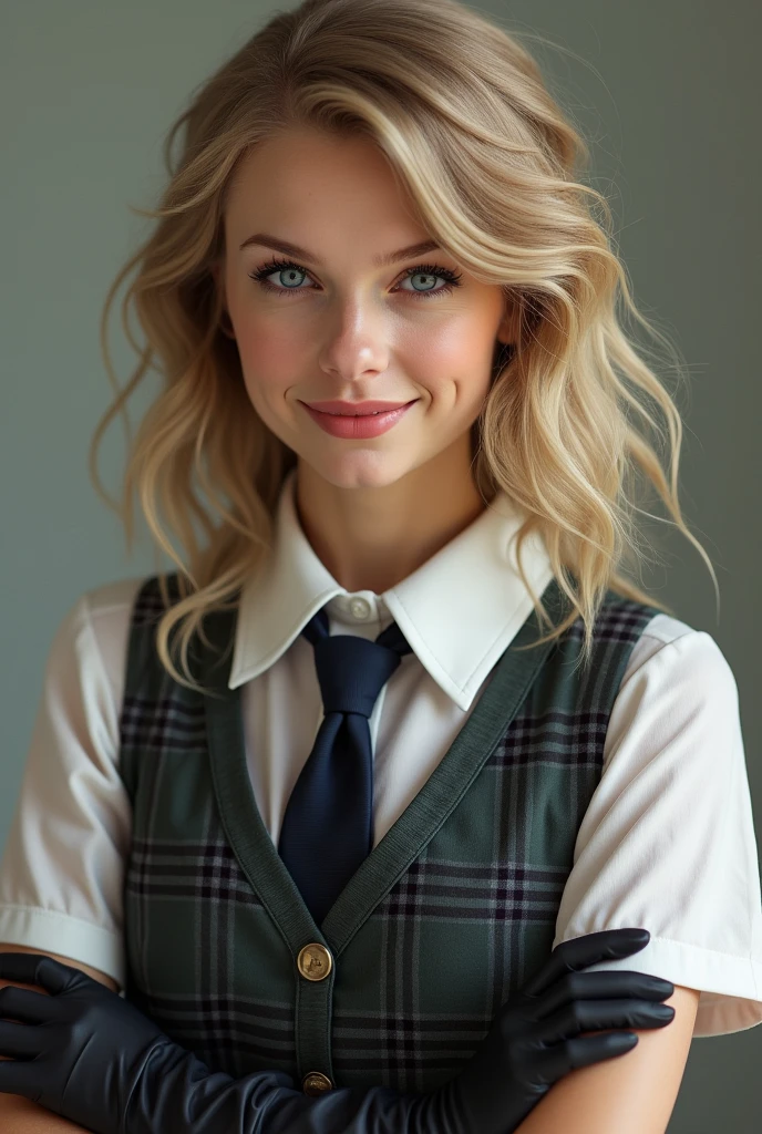 Tylor swift wearing schoolgirl uniform and black gloves