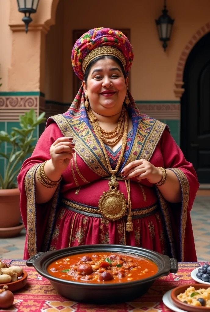 Funny big ass woman wearing traditional Moroccan clothes eating real plum tajine like in real life