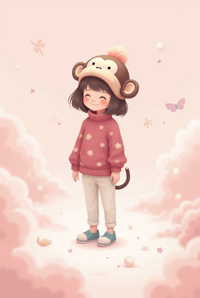A small  standing in light pink area background, she is with dark pink sweater and white pant and blue shoes and monkey cap on the head 