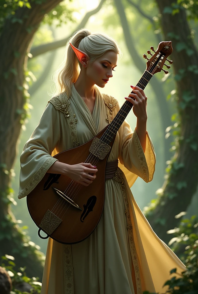 An elf in bard's robes holding a lute.