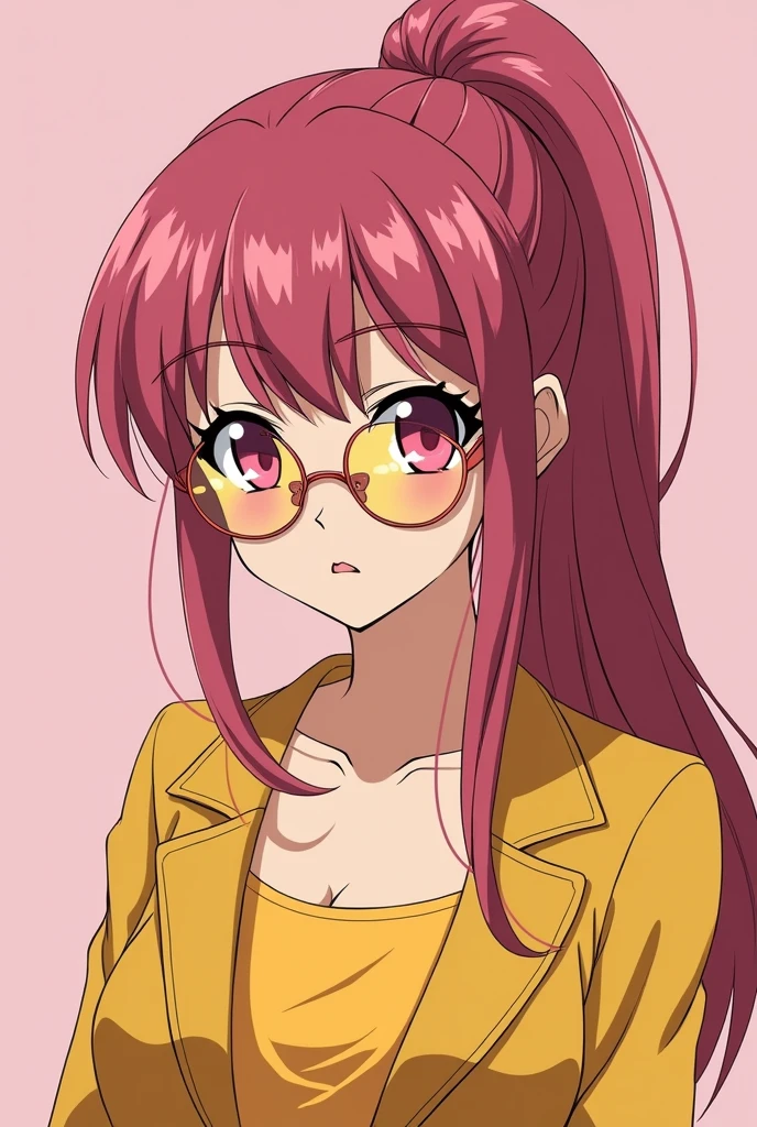 90's style anime, vintage classic anime aesthetic, Front view, First Person, pink eyes, long dark pink hair, ponytail, Yellow clothes, 90's fashion, jacket, fashionable, dress over jacket, Bust, Bangs, simple background, rose tinted glasses, yellow eyes