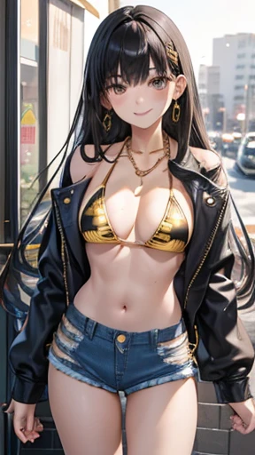 Honor student,Beautiful black hair,long hair,(Straight Hair),high school girl,(boyish),Dark Eyes,Muscular,tall,(Slim body),((A confident smile)),Medium Bust,Yellow biker jacket,(Patterned bikini:1.3),(High cut denim shorts:1.4),Gold bracelet,Gold earrings,Gold Necklace