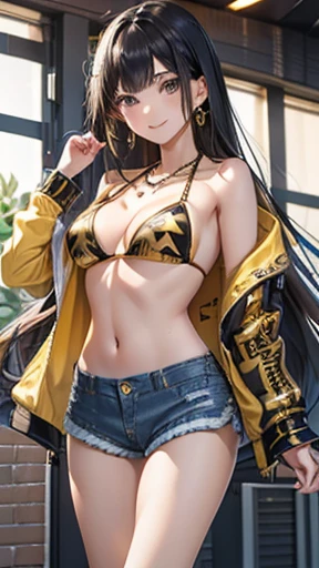 Honor student,Beautiful black hair,long hair,(Straight Hair),high school girl,(boyish),Dark Eyes,Muscular,tall,(Slim body),((A confident smile)),Medium Bust,Yellow biker jacket,(Patterned bikini:1.3),(High cut denim shorts:1.4),Gold bracelet,Gold earrings,Gold Necklace