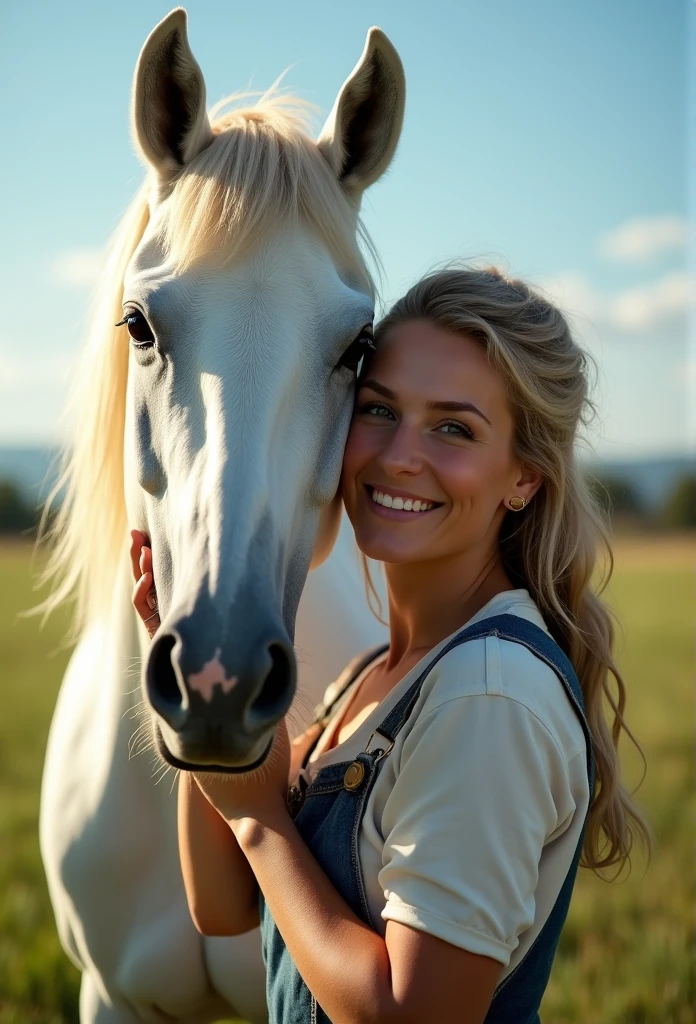 A beautiful farmer woman smiling as she poses for a photograph with her beautiful white horse, head to head, medium-sized, sagging breasts with a wide cleavage that reveals one tit, a hyper-realistic and clear image.