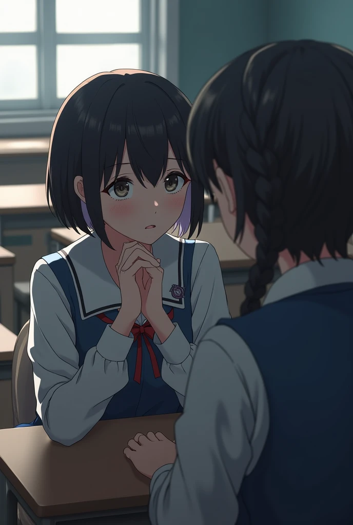 Short black hair age girl in school uniform sad talking to another girl .in the background a classroom