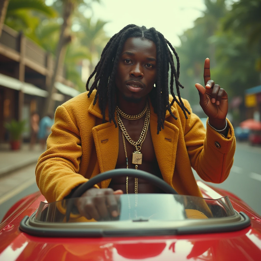 vintage photography of a man as ((the ultimate warrior)) with ((box braids)) wearing (retro 70s clothes),dressed in textured fabric,tropical plants,blurred greenery,wooden structure,bright atmosphere,head tilted,hand raised,playful expression,frontal view,waist-up shot,soft lighting,in a hover-car chase through the cityscape,realism,(side view:1.5),shot on Sony RX100 VII with Built-in 24-200mm f-2.8-4.5,photo by Hans Bellmer