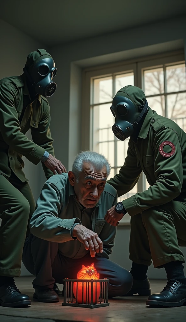 create realistic images An elderly, distressed man kneels on the floor, crying and pleading while being comforted by two figures wearing gas masks and military-style uniforms. They appear to be in a dimly lit room with large windows. In front of the man is a small kitten with glowing red stripes, resembling a dragon fruit, sitting on a cage, adding a surreal and bizarre element to the scene. The overall atmosphere conveys a mix of urgency, emotion, and the strange presence of the cat.