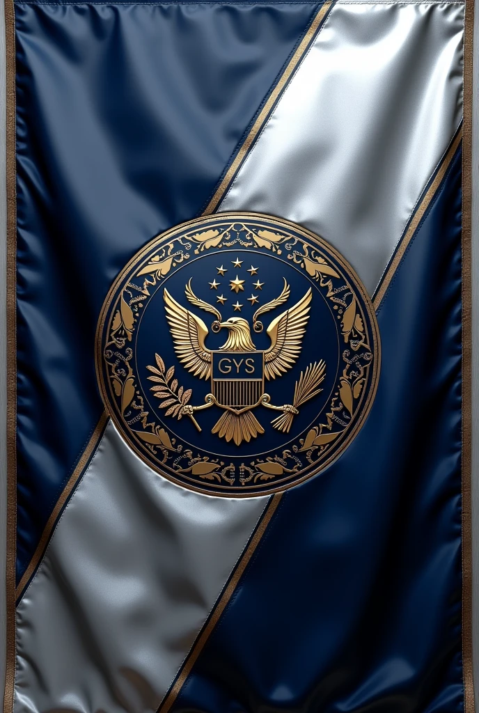flag:

Flag Design Description:
Overall Shape: The flag is rectangular, with proportions of 3:2, ensuring that it’s visually balanced and suitable for both large displays and smaller representations.

Background Colors: The flag features a deep navy blue background, symbolizing stability and trust. A bold diagonal stripe runs from the top left to the bottom right, in a gradient from metallic silver to platinum, representing progress and cutting-edge technology.

Borders: The flag is bordered by a double trim. The inner border is a rich gold, symbolizing wealth and prosperity, while the outer border is a thin black line, adding a touch of formality and sophistication.

Corporate Emblem Placement: At the center of the flag is the corporate emblem. It is encased within an intricate circular frame, designed in gold and silver intertwining leaves and gears, symbolizing the fusion of nature and industry, growth, and precision.

Corporate Emblem Design:
Central Symbol: At the heart of the emblem is a stylized shield, divided into four quadrants:

Top Left Quadrant: A powerful eagle with its wings spread wide, symbolizing strength and vision.
Top Right Quadrant: An intricate gear and hammer crossed, representing industrial prowess and hard work.
Bottom Left Quadrant: A world globe with a digital grid overlay, symbolizing global reach and technological advancement.
Bottom Right Quadrant: A laurel wreath encircling a torch, signifying victory, honor, and enlightenment.
Surrounding Elements: Encircling the shield are twelve stars, each representing the core values of the corporation, evenly spaced within the circular frame.

Motto Banner: Below the emblem, a flowing banner in platinum color displays the company’s motto in an elegant serif font. The text is in black, providing a sharp contrast and ensuring legibility.

Additional Details: Subtle, ornate filigree patterns in silver weave through the background behind the emblem, adding depth and texture to the design without ove