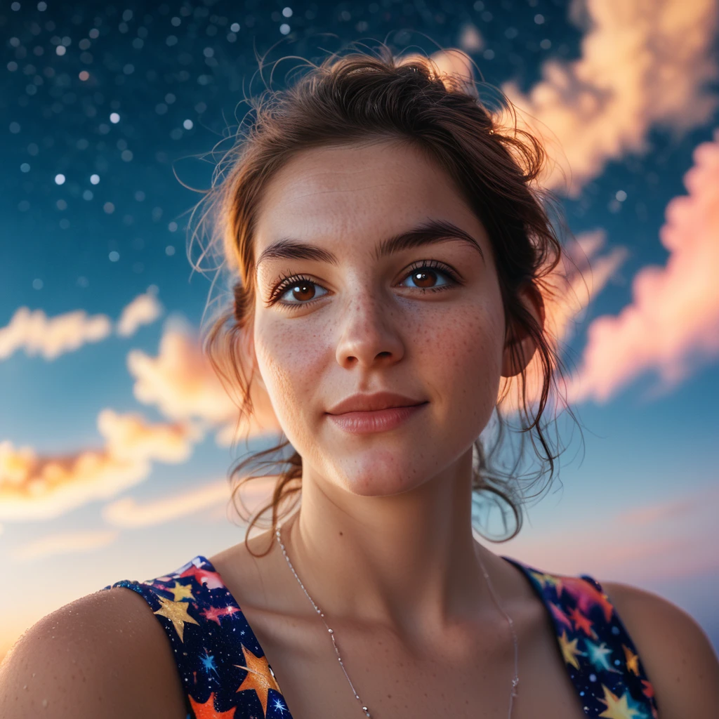 (GeGe:1.5), woman, brunette, brown eyes, freckles, safe_pos, score_9, score_8_up, score_7_up, 1girl, solo, High detail, super detail, super high resolution, very sexy girl, enjoying her time in the dream galaxy, surrounded by stars, warm light sprinkled on her, full body, background is starry sky with colorful galaxies and galaxy clouds, stars flying around her, delicate face, playful atmosphere, (cowboy shot:1.9)