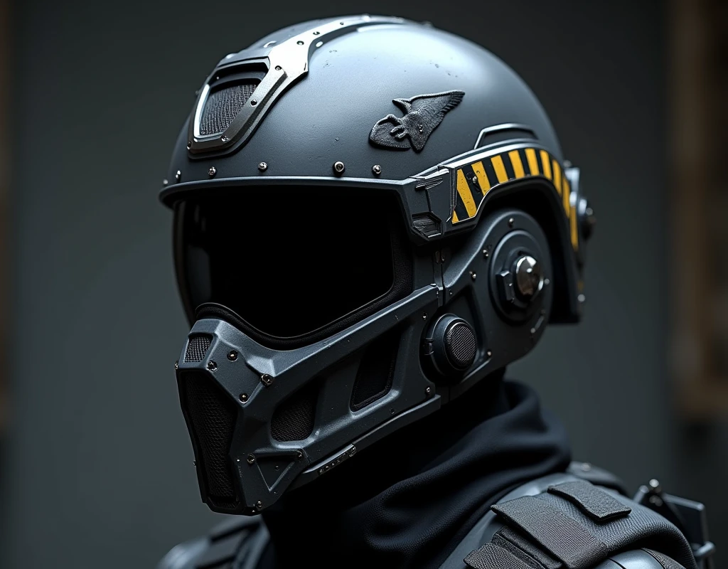 A highly detailed, photorealistic, 8K photograph of a custom-modified modern tactical kevlar helmet, studio lighting, hyperrealistic, masterful lighting and shading, cinematic composition, intricate textures, premium quality